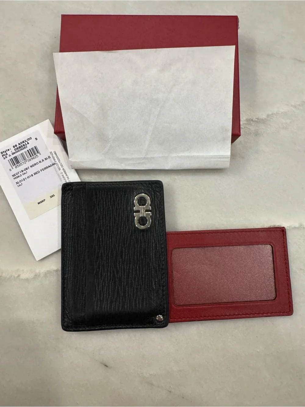 Salvatore Ferragamo Black and Red Leather Card Holder with Silver Gancio